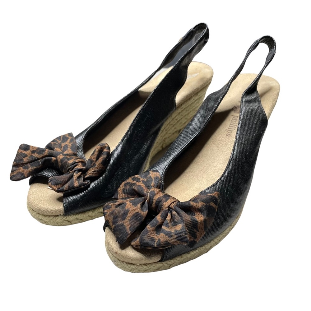 Lindsay Phillips Wedge Open Toe, Black With Tan Bow, Size 6
